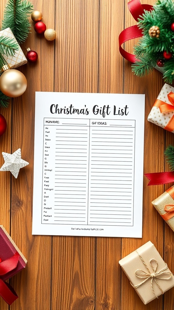 Printable Christmas Gift List Printable Christmas gift list template on a wooden table with festive decorations.